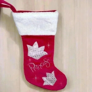 Princess Sequins Christmas Stocking Red W/White Faux Fur Fireplace Mantle Hook